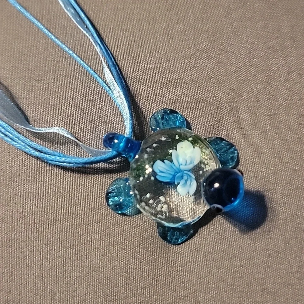NEW Handcrafted Blown Art Glass Turtle Charm Pendant Floral with Luminous Specks
